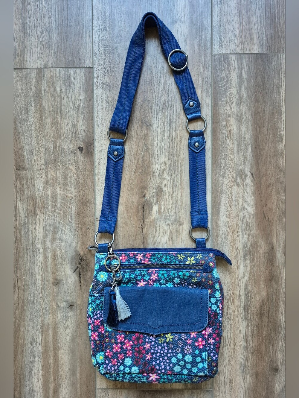 Sakroots City Swing Pack Blue Floral Crossbody Bag with Tassel